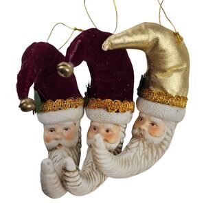 3 Vintage Porcelain Santa Moon Face Christmas Ornaments Set Retro Holiday Decor